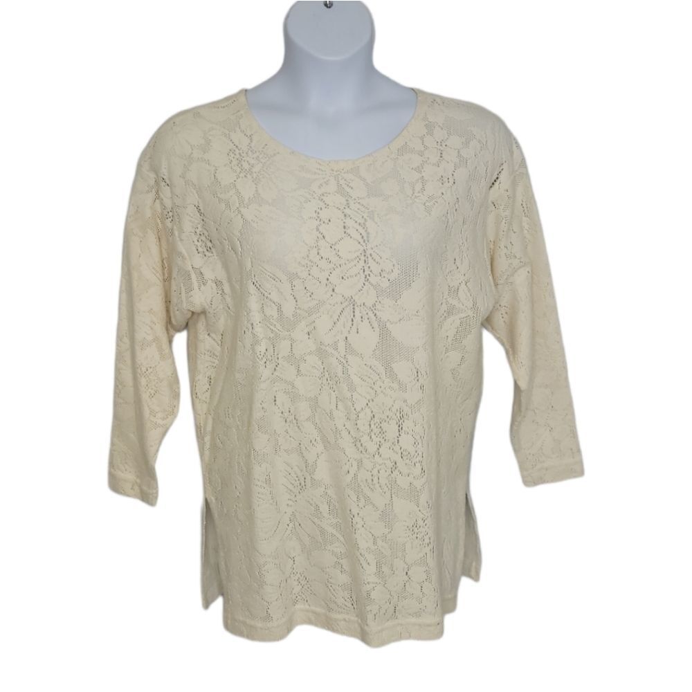 VINTAGE 90s top ivory 3/4 sleeve crochet‎ lace oversized tunic S